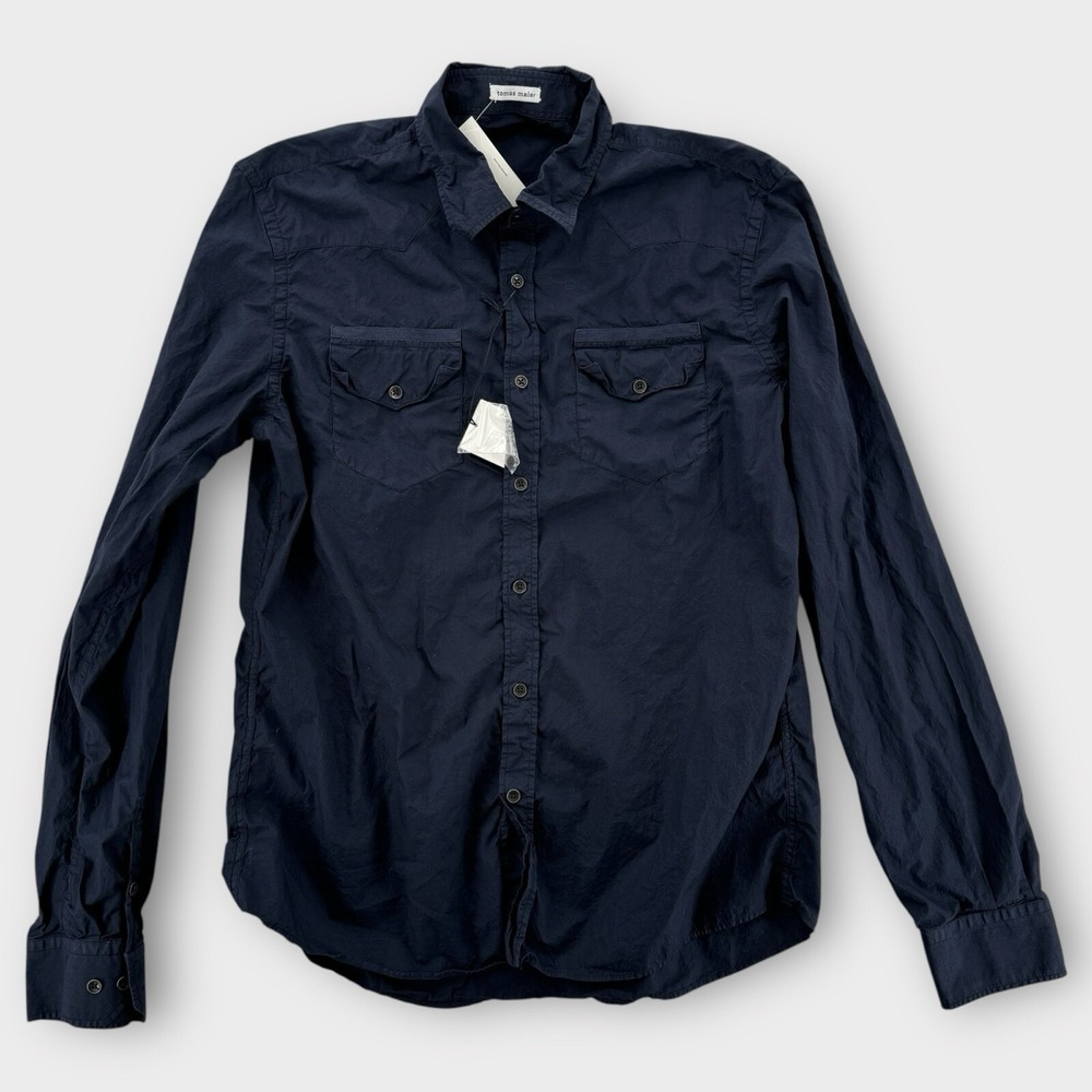 NWT Tomas Maier Shirt Mens Large Riviera Cotton‎ Navy Blue Button Down Italy
